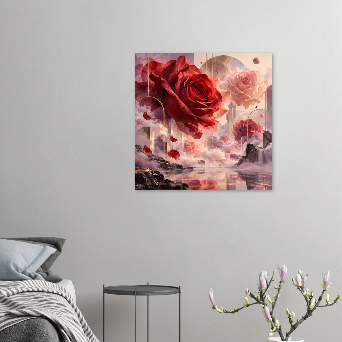 Poster mit surrealen roten und rosafarbenen Rosen auf Premium-Mattpapier