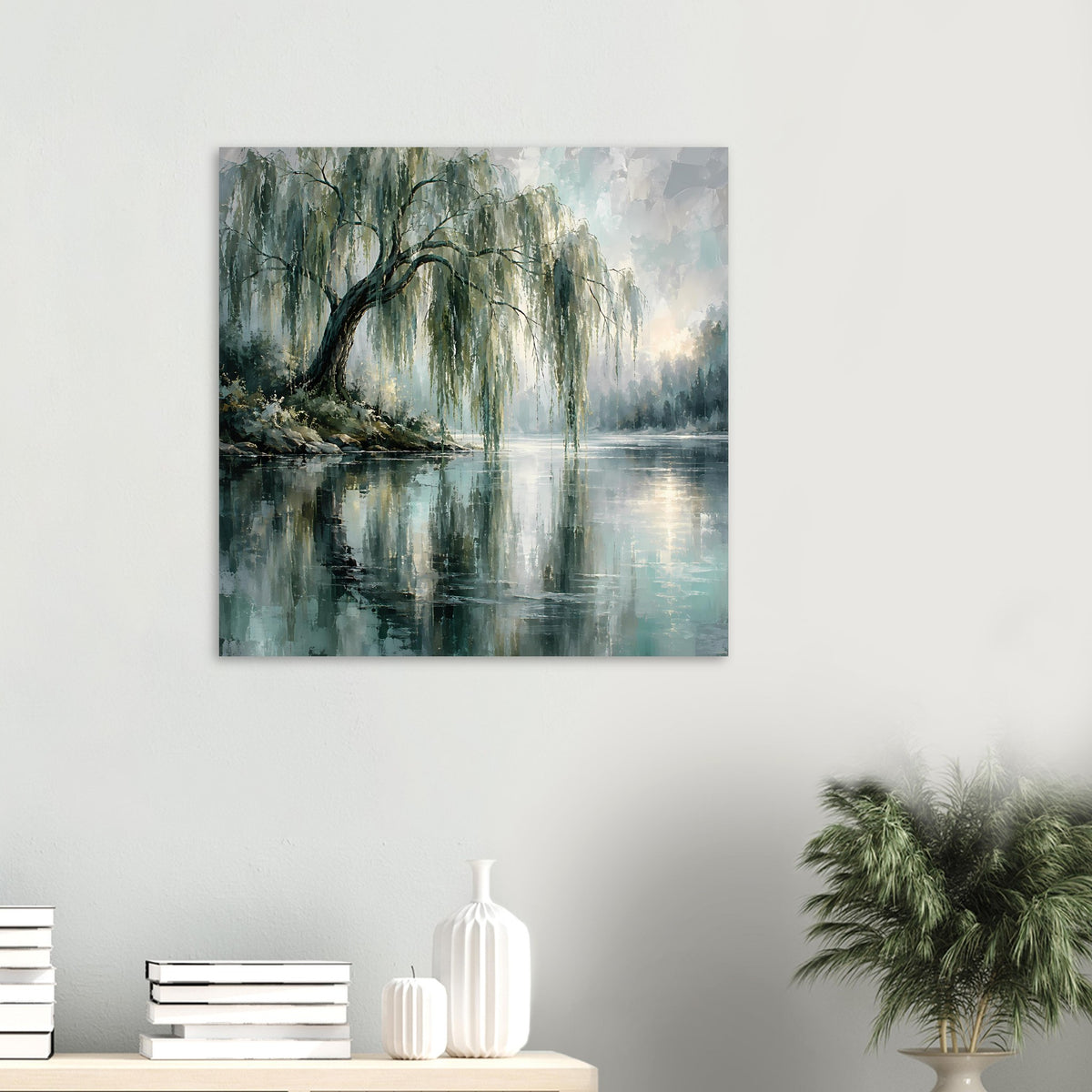 Quadratisches Poster mit See, Trauerweiden und hellen Reflexionen im Nebel