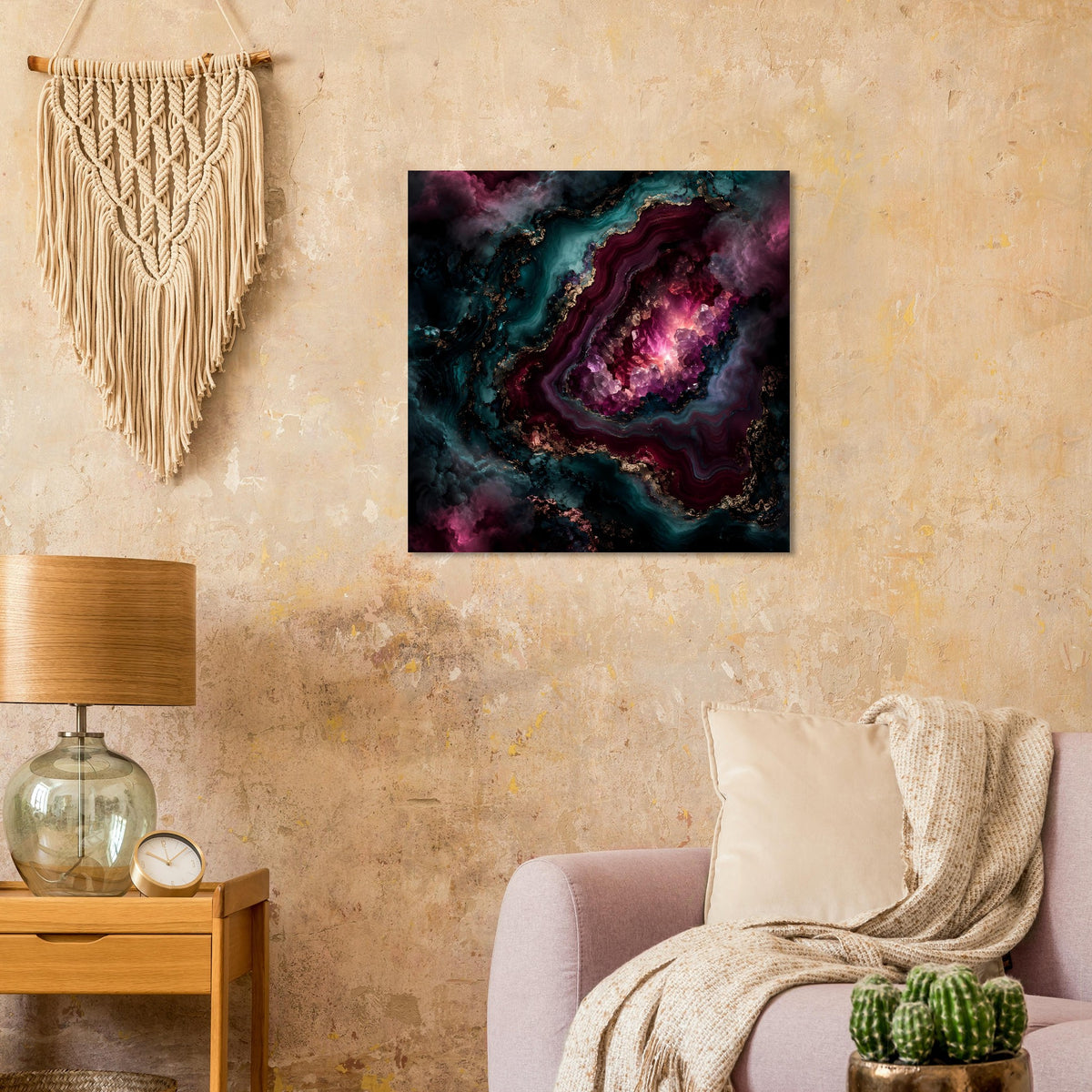 Kunstposter mit Violett-Blauem Geodenmuster und leuchtenden Aderverläufen