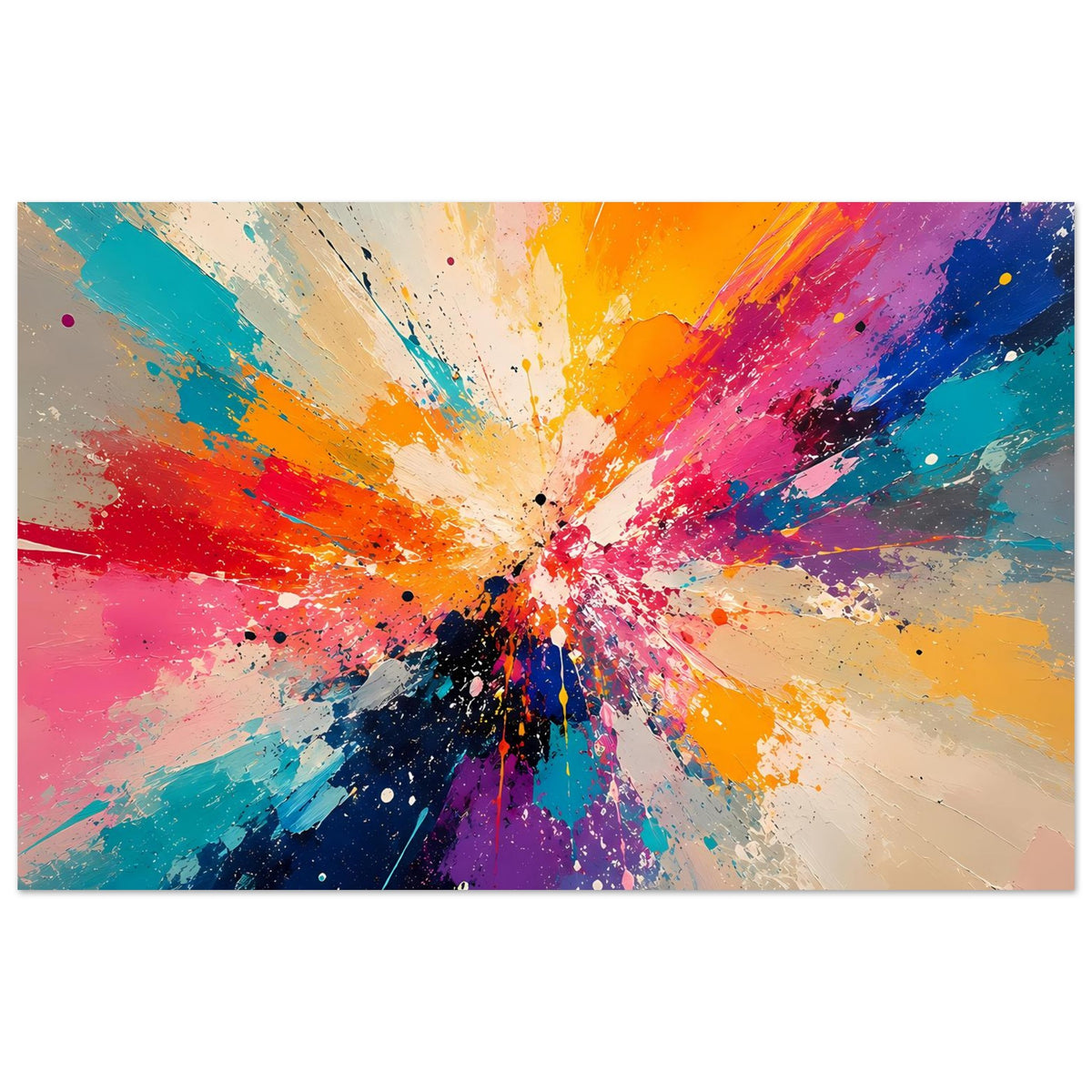 Abstrakter Kunstdruck im Querformat mit intensivem Strahlenmotiv in Blau, Pink und Orange.