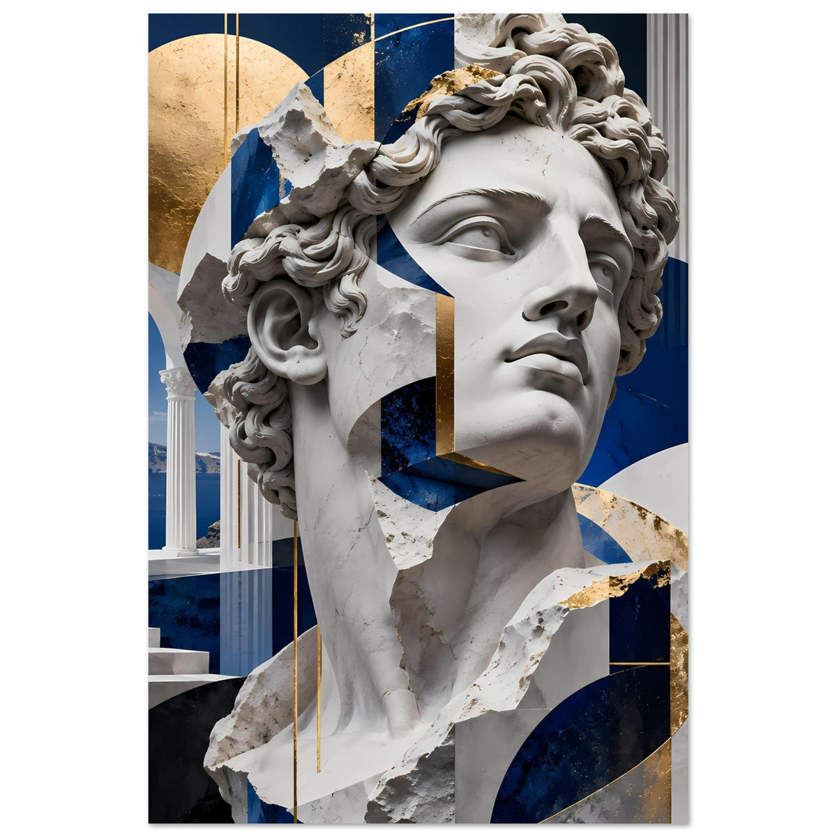 Poster im Hochformat: Marmor-Skulpturkopf, abstrakte blaue Formen und Goldakzente