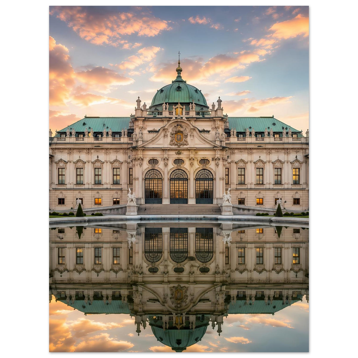 Schloss-Poster: barocke Hauptfassade mit grüner Kuppel, Sonnenuntergang, Wasserspiegelung