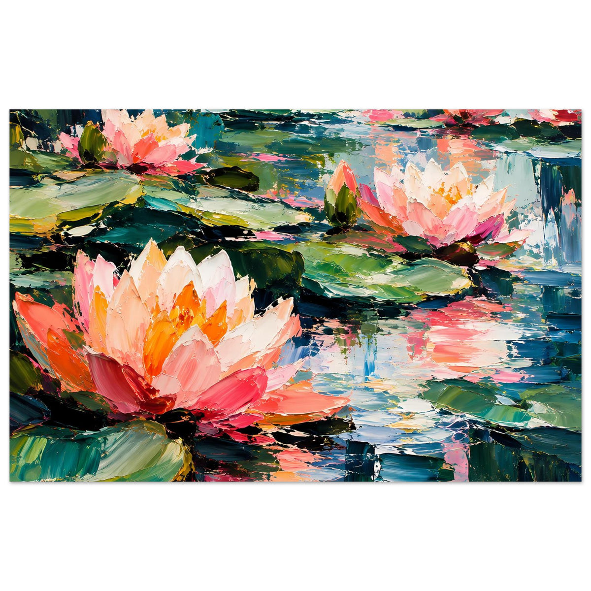 Farbenfrohes Seerosen-Poster im Querformat mit rosa und weißen Blüten, grünen Blättern