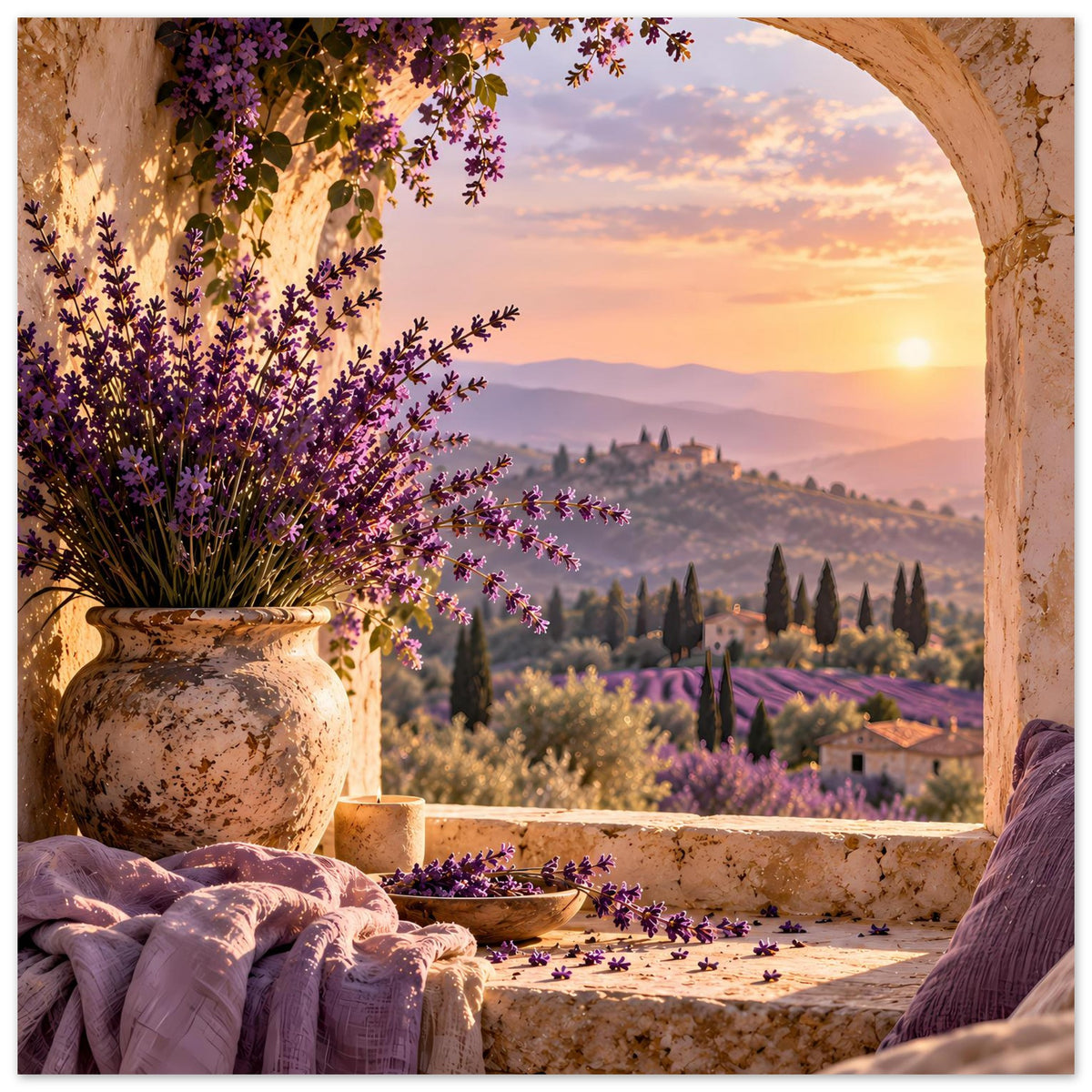 Poster mit Lavendelblüten, Vase, Steinbogen und Sonnenuntergang über Hügeln
