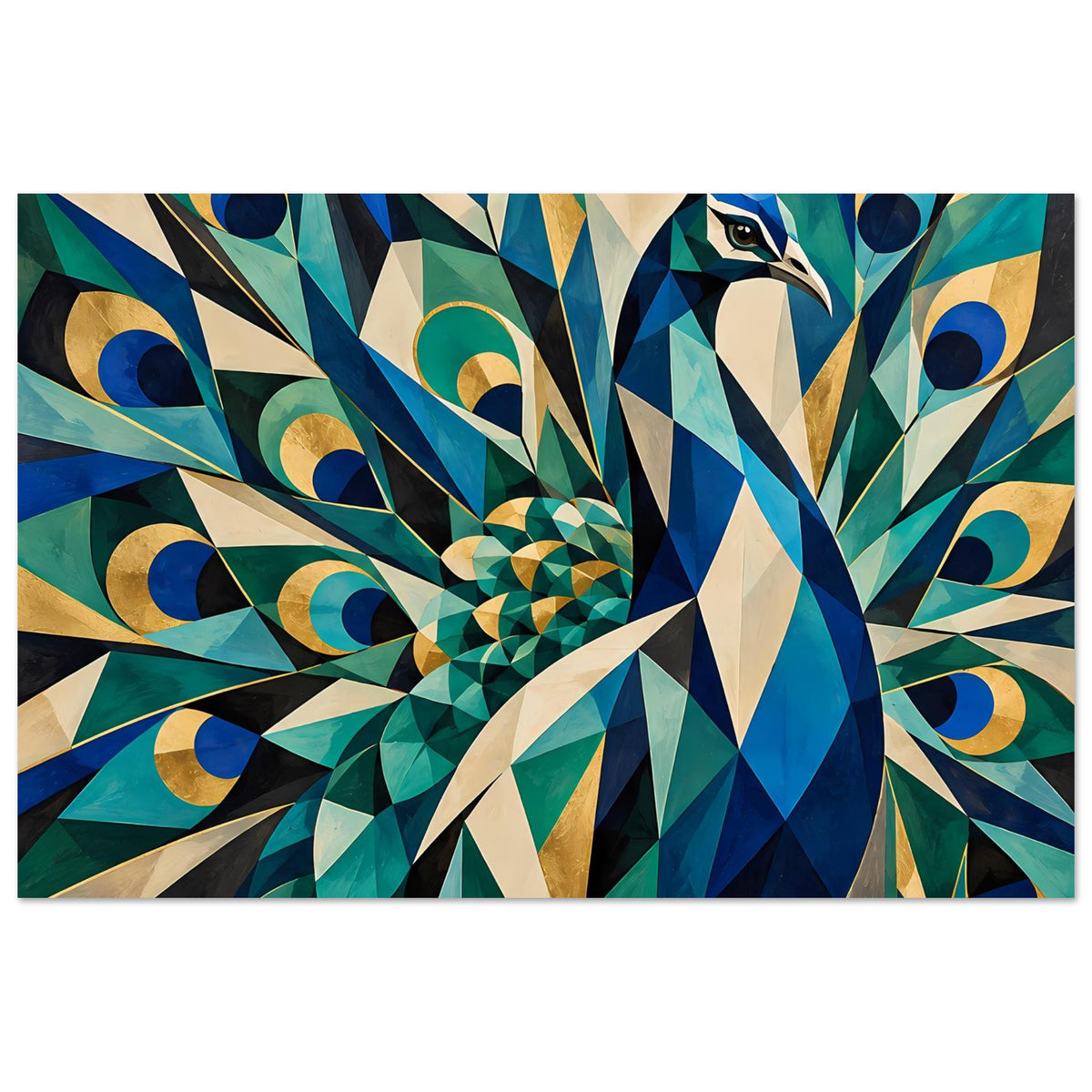 Geometrisches Pfau-Poster im Querformat, abstrakter Fächer und Pfauenkopf in Blau