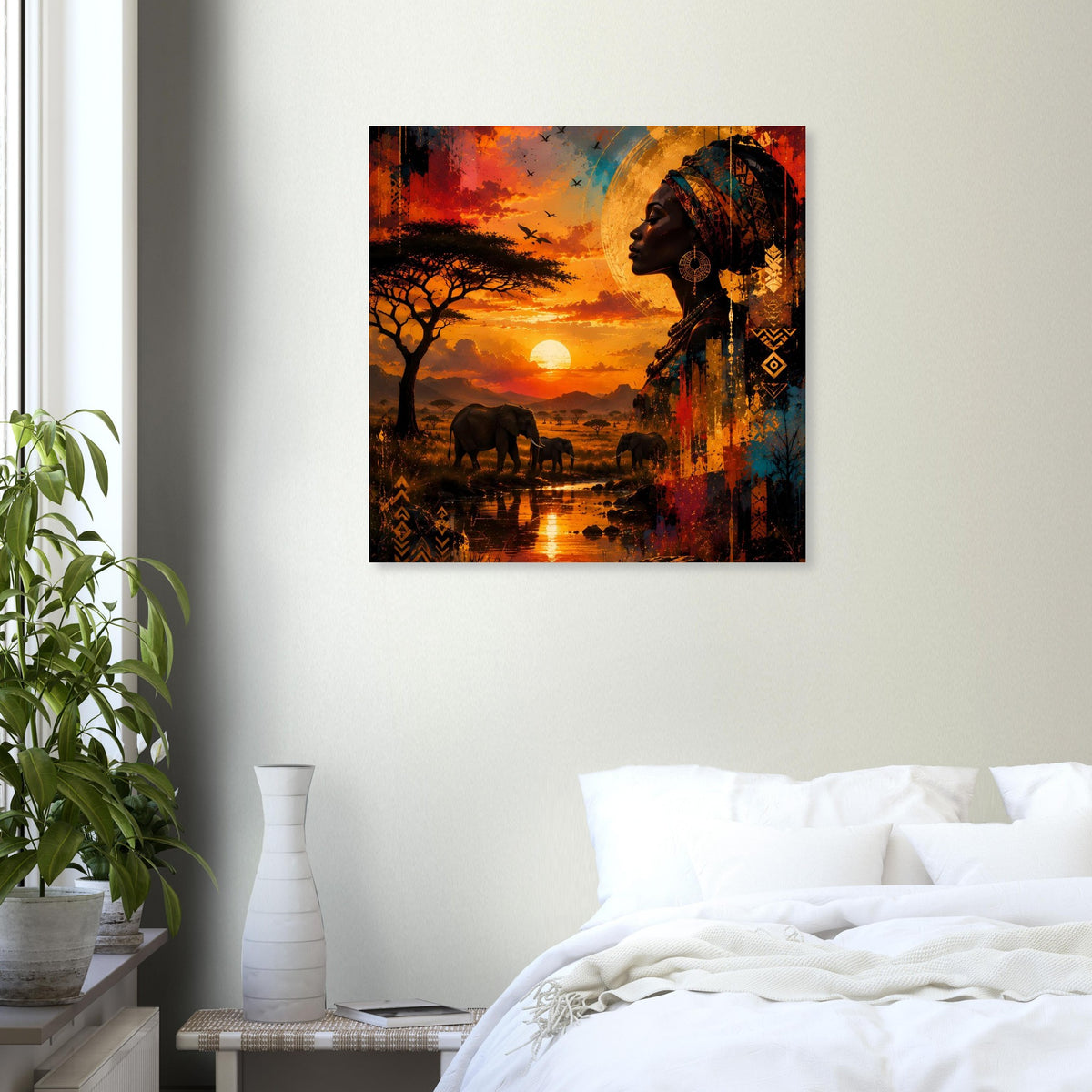 Poster an der Wand: afrikanische Frau im Profil, Sonne, Savanne und Elefanten