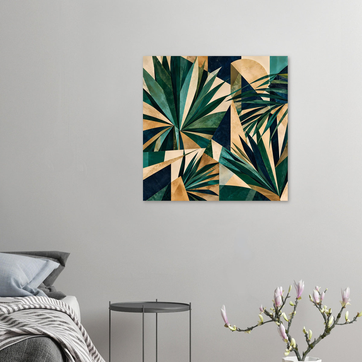 Kleines quadratisches Kunstposter mit geometrischen Tropenblättern in Grün und Gold