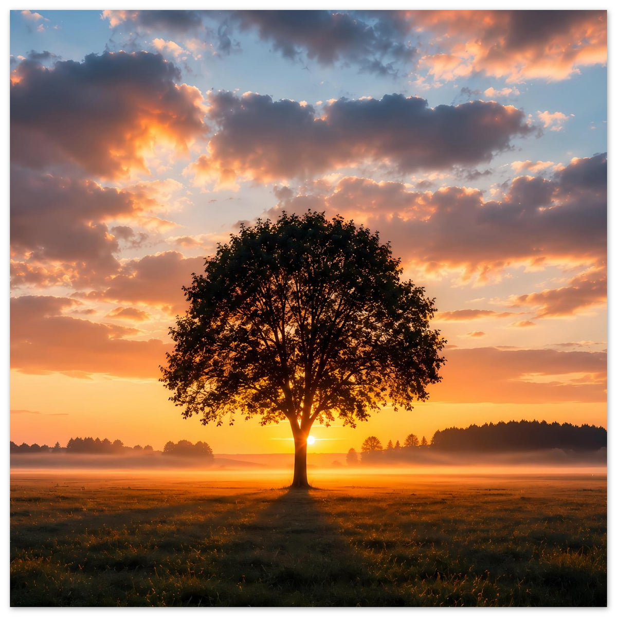 Poster im Querformat: Baum bei Sonnenuntergang mit orange-goldenen Wolken