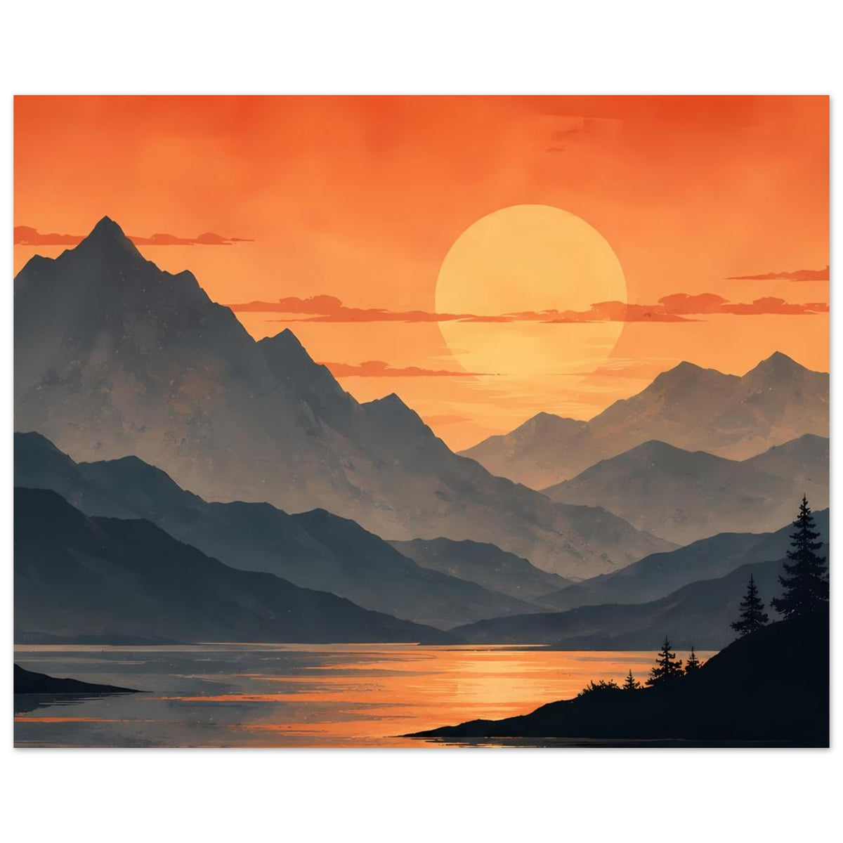 Poster im Querformat mit orangefarbenem Sonnenuntergang, Bergzügen und Wasserlinie