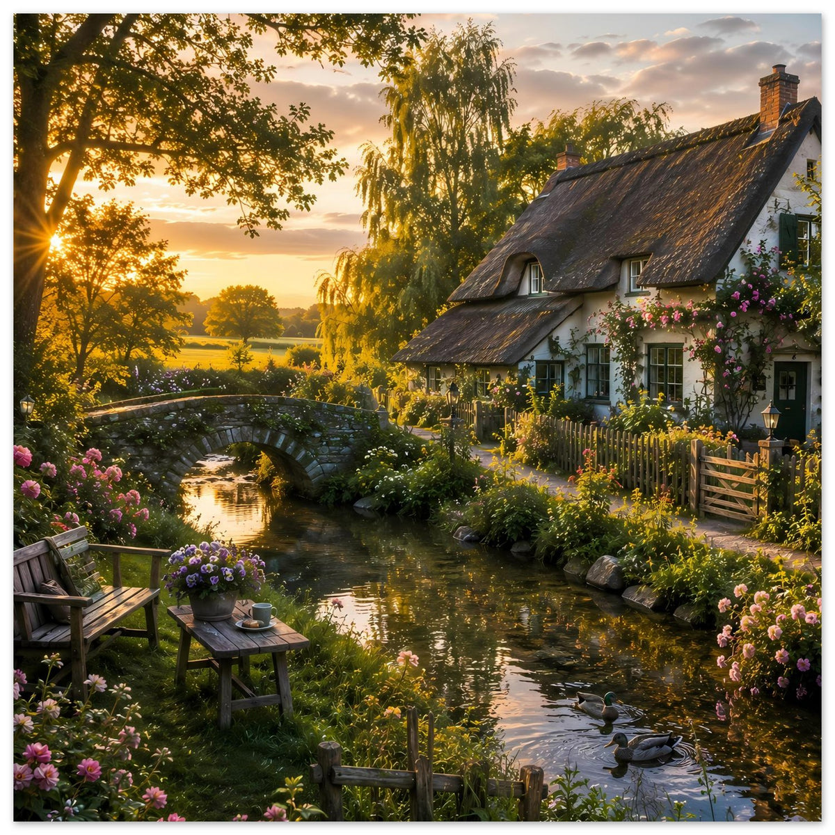Landhaus-Poster mit Bach, Enten am Ufer, Steinbogenbrücke und blühenden Beeten
