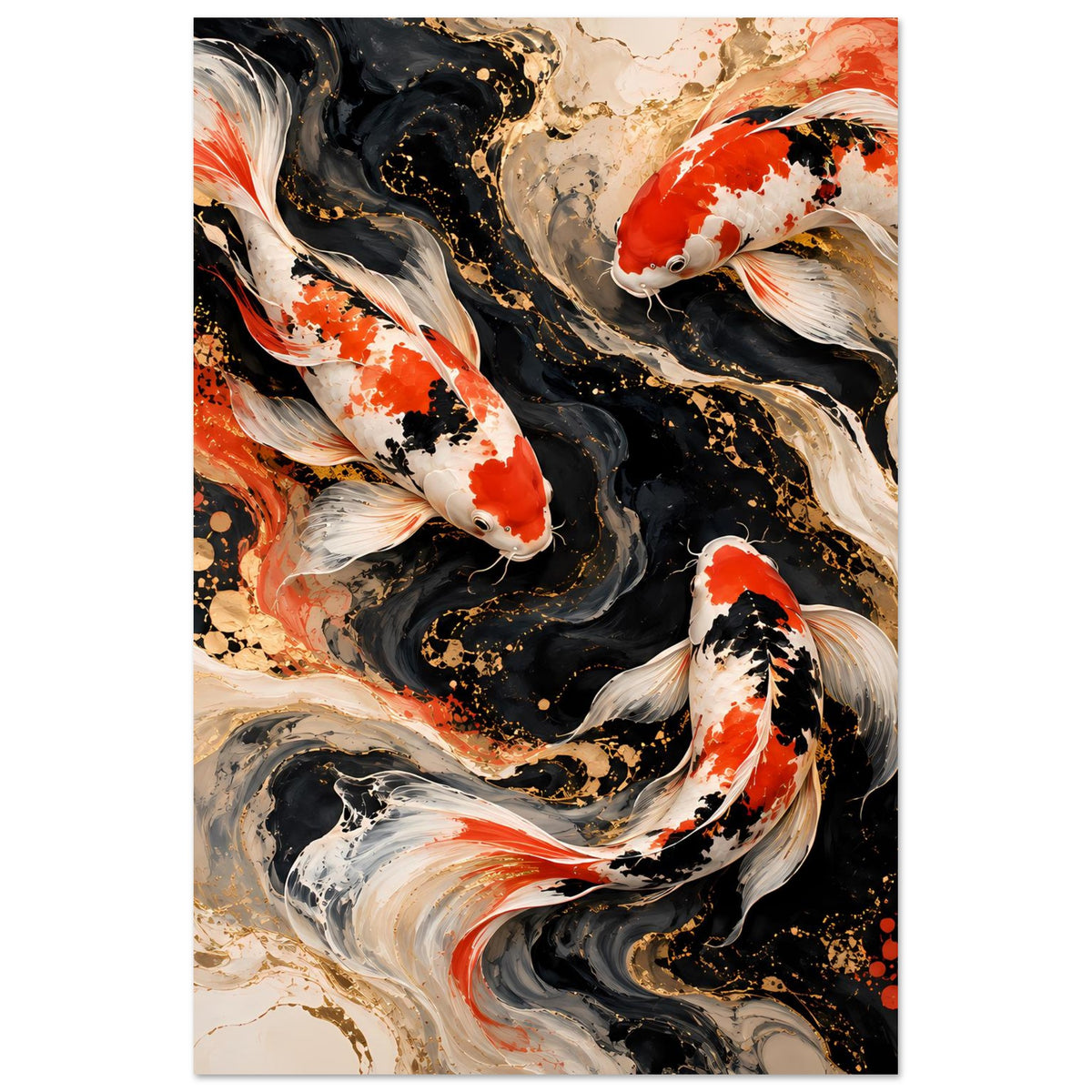 Hochkant-Kunstposter mit Koi-Fischen, Farbwirbel in Rot, Weiß, Schwarz und Gold