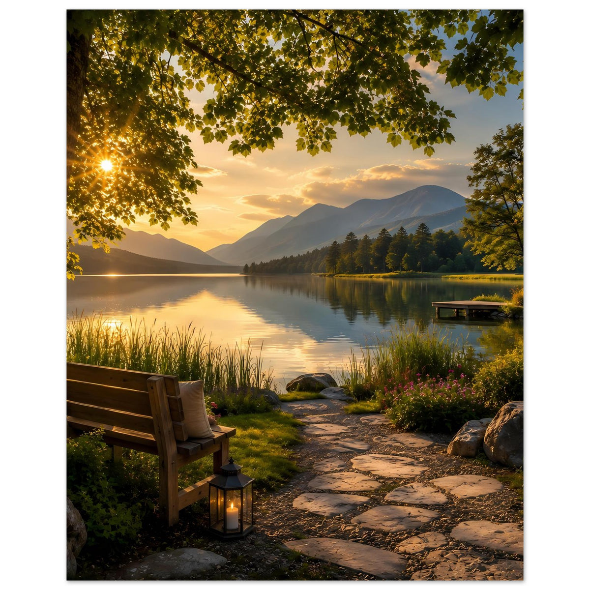 Landschafts-Poster mit See und Bergen im Abendlicht, Sitzbank vorn, Laterne am Pfad