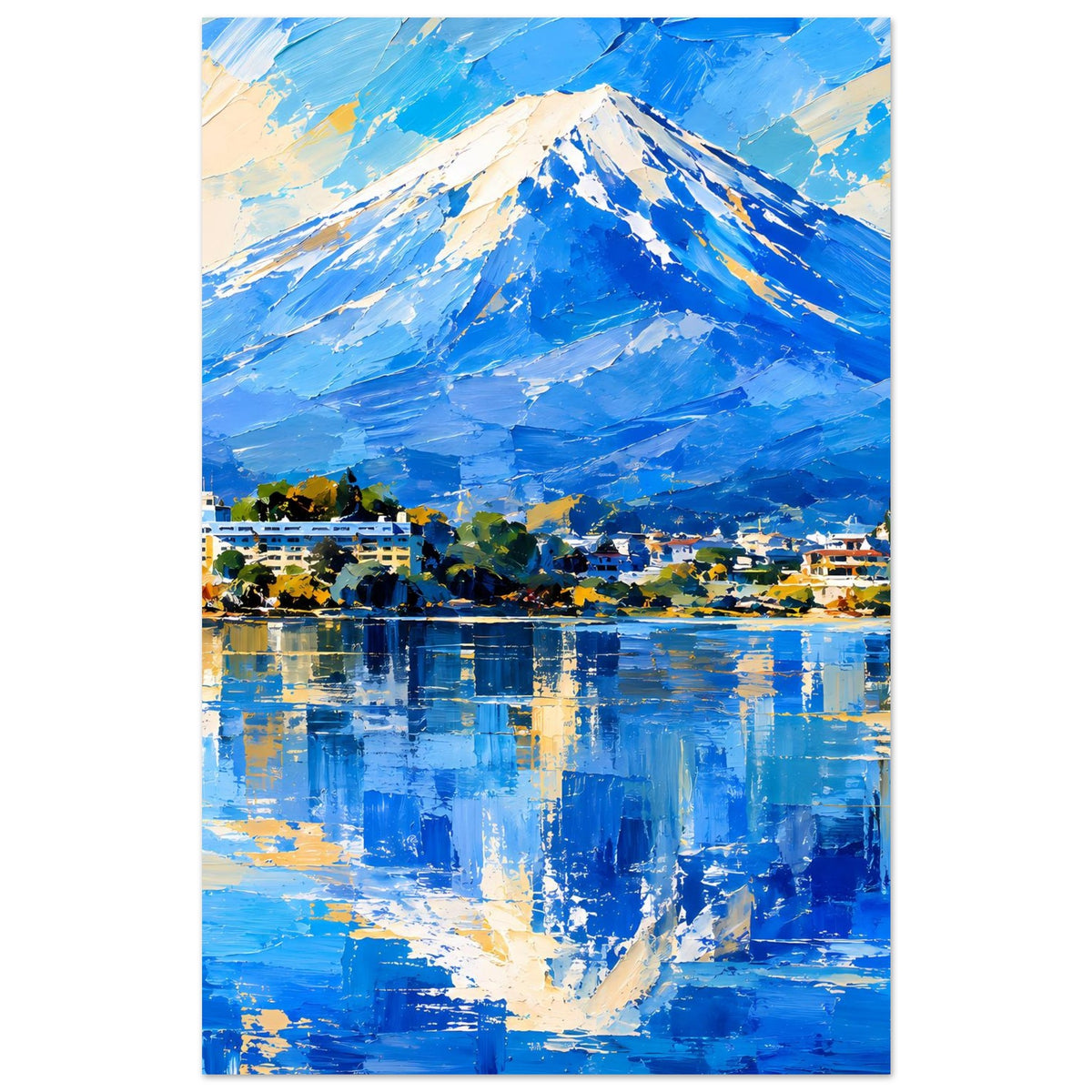 Vertikales Poster mit blauem Berg und reflektierendem See, Dorf am unteren Bildrand