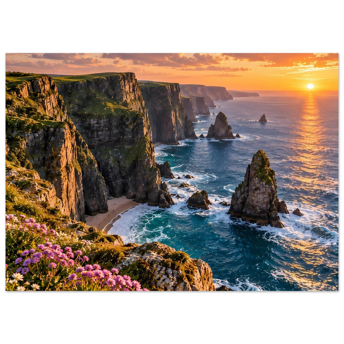 Gerahmtes Poster mit Küstenklippen und Sonnenuntergang, Meerbucht und Blüten