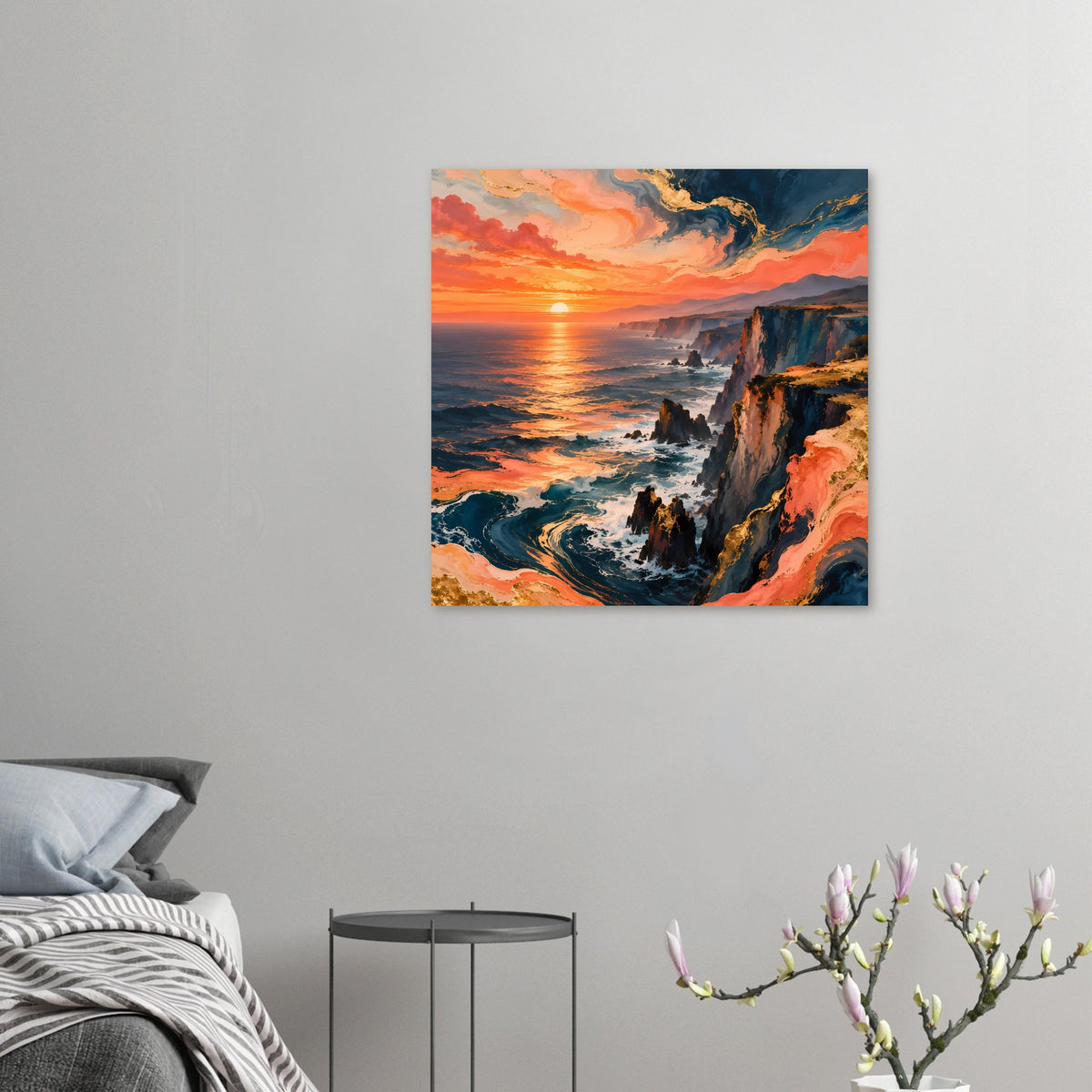 Quadratisches Poster Sonnenuntergang mit Steilküste und Meer, leuchtende Blau-Orange-Farben