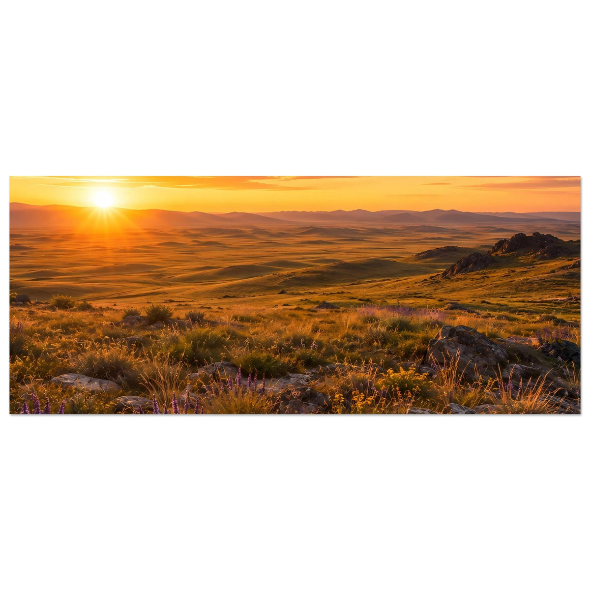 Sonnenuntergangs-Landschaftsposter, quer: breite Landschaft mit Sonne links und Grasflächen