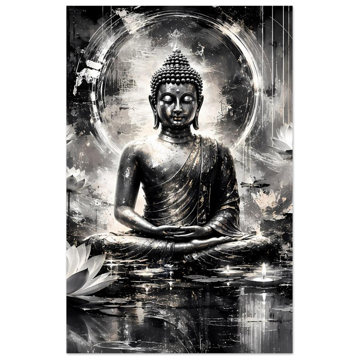 Schwarz-weißes Buddha-Kunstposter, mittig sitzender Buddha mit Mandorla und Lotus am Rand