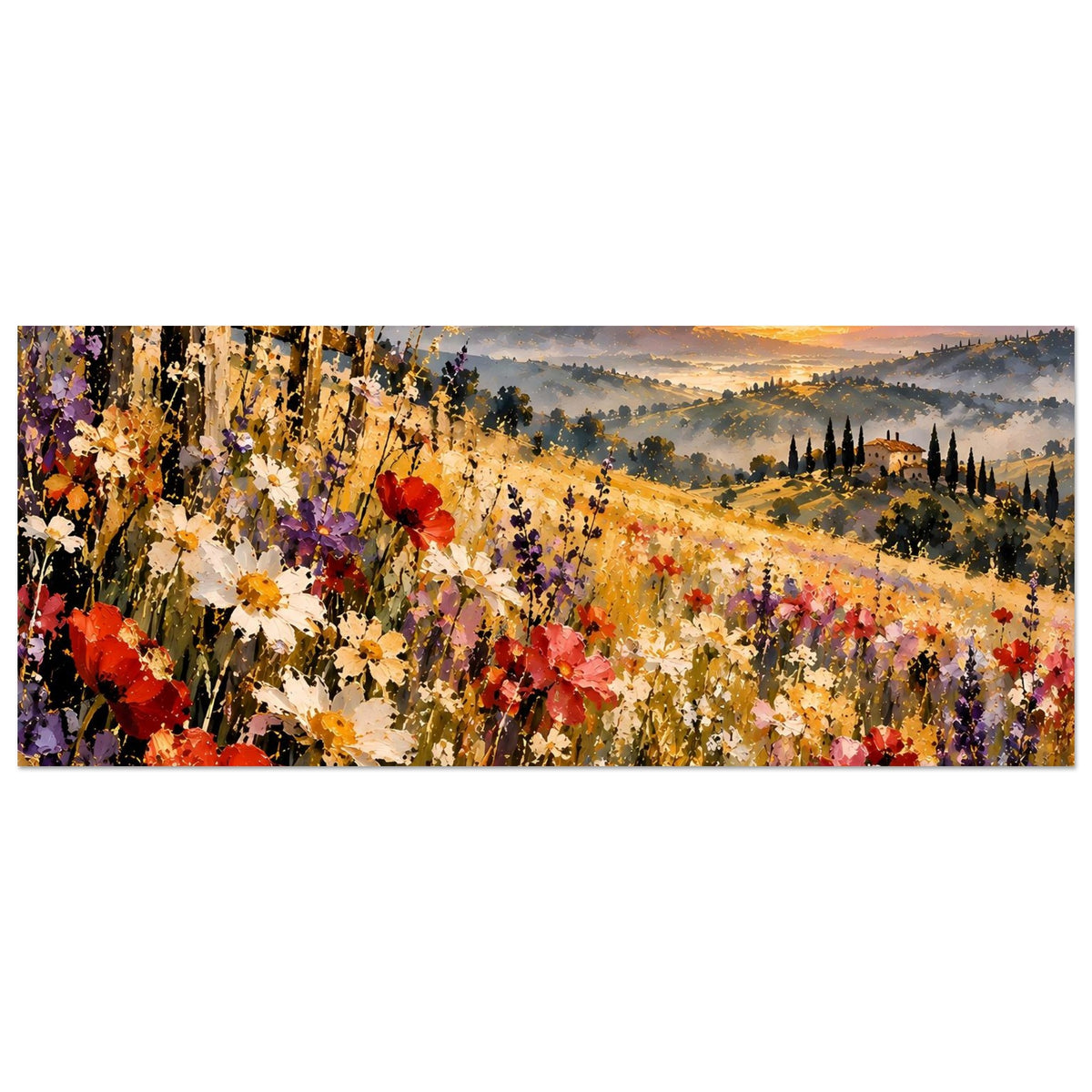 Horizontales Landschaftsposter mit Blütenwiese und Abendhimmel, warme Sonne über Hügeln