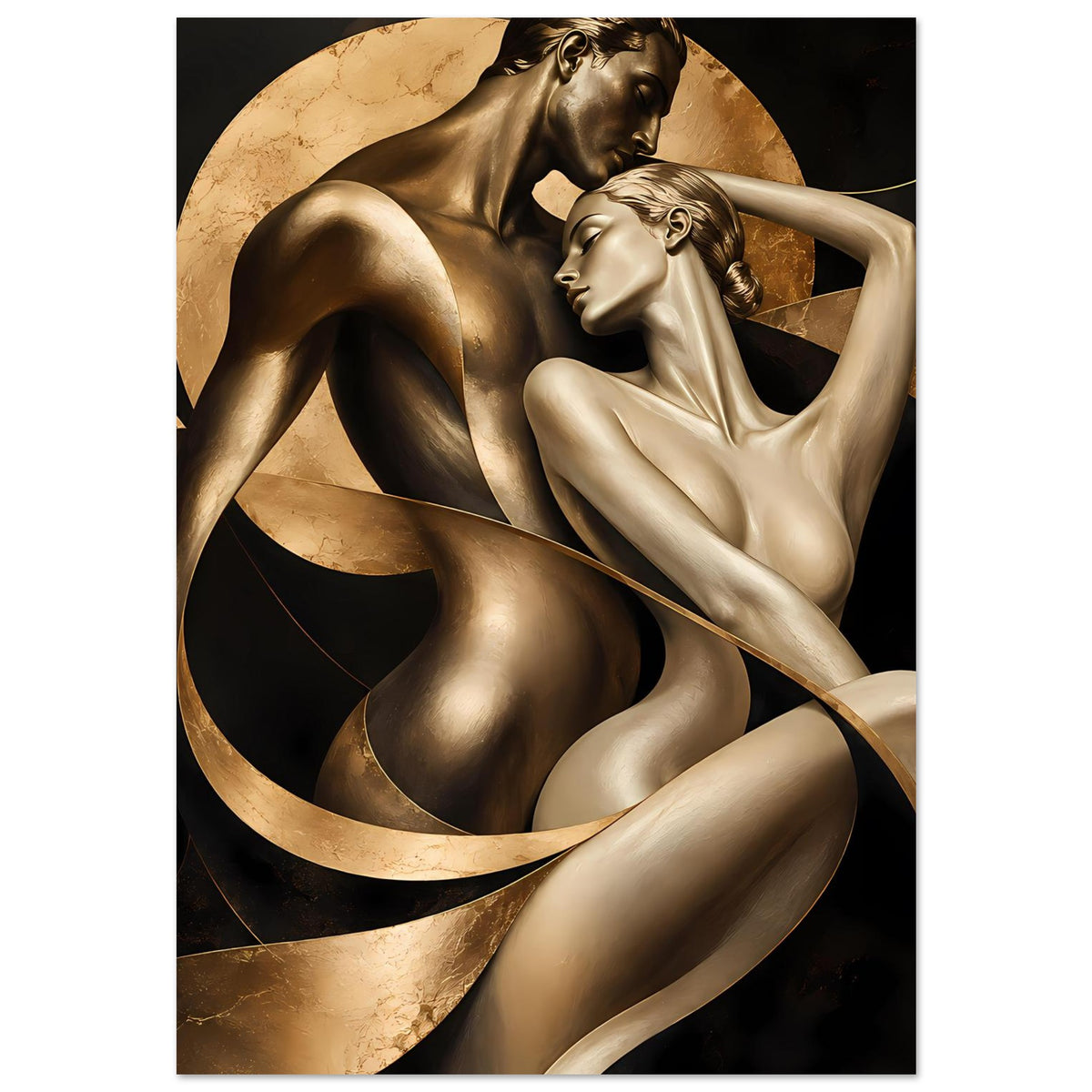 Kunstposter mit gold-braunen Skulpturen zweier Akte und dekorativen Ringen im Hintergrund