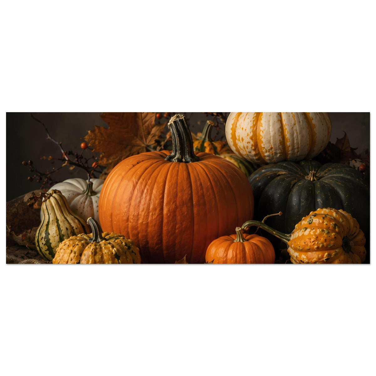 Premium-Poster, horizontal: herbstliche Kürbis-Komposition mit orangefarbenen und weißen Kürbissen