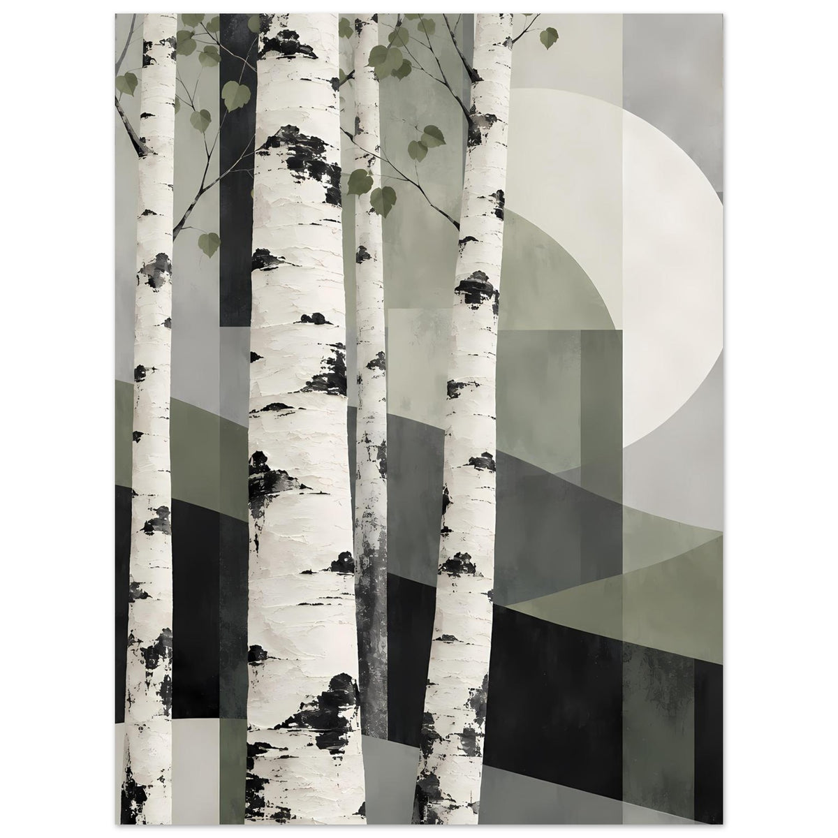Naturposter mit Birkenwald-Illustration, grünlich-grauen Flächen und dunklen Vertikalstreifen