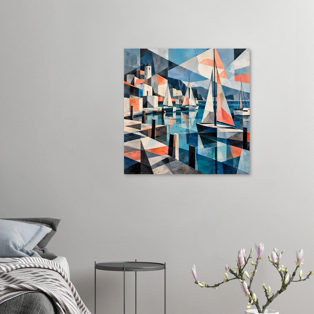 Kubistisches Hafenposter mit Segelbooten und geometrischen Wasserflächen in Blau und Koralle – Ansicht 49