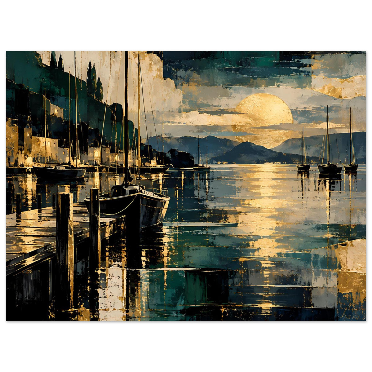 Maritimes Poster mit Segelbooten, Stegen und goldener Abendsonne über stiller Bucht