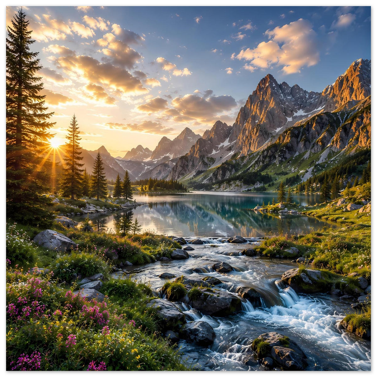 Majestic Mountain Sunrise-Poster: Sonnenaufgang über Alpen, See, Gebirgsbach und Tannenwald
