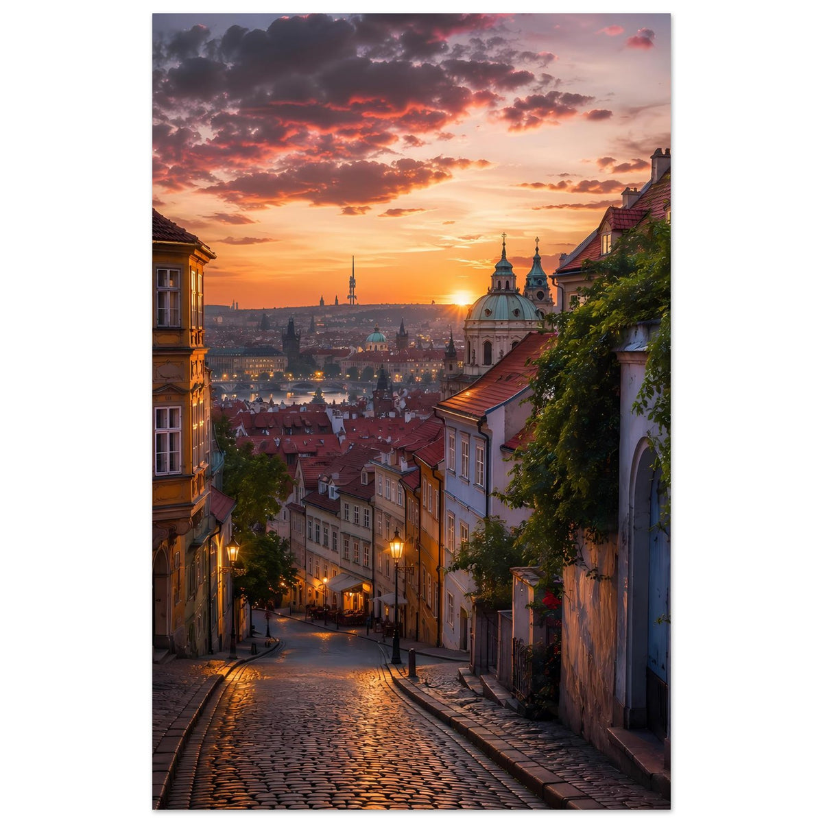Poster in vertikaler Ansicht: Kopfsteinpflaster-Gasse mit Häusern links und rechts beim Abendrot