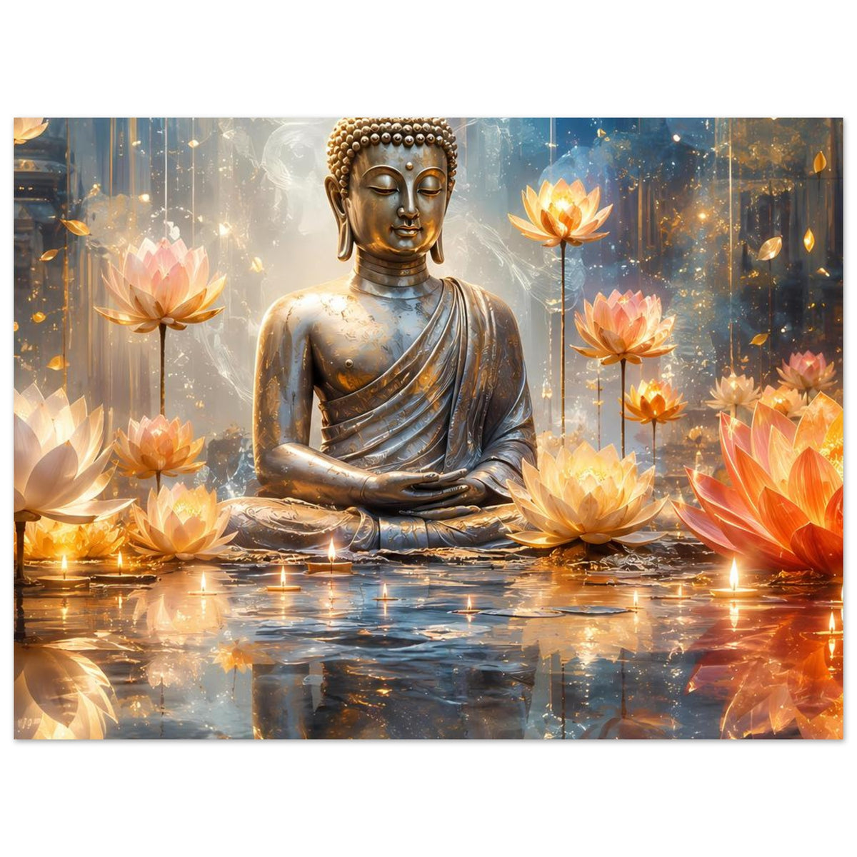 Horizontales Poster mit sitzendem Buddha, goldener Statue und leuchtenden Lotusblüten