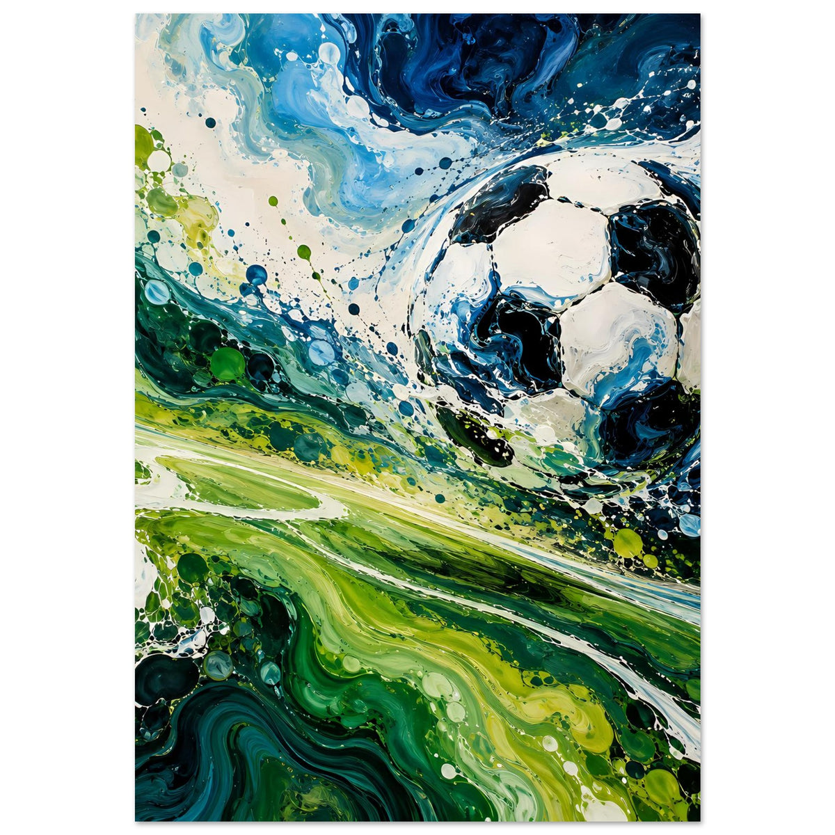 Fußball-Kunstposter: abstrakte Fußballkugel, blau-grüne Wirbel und Punkte, hochformatig