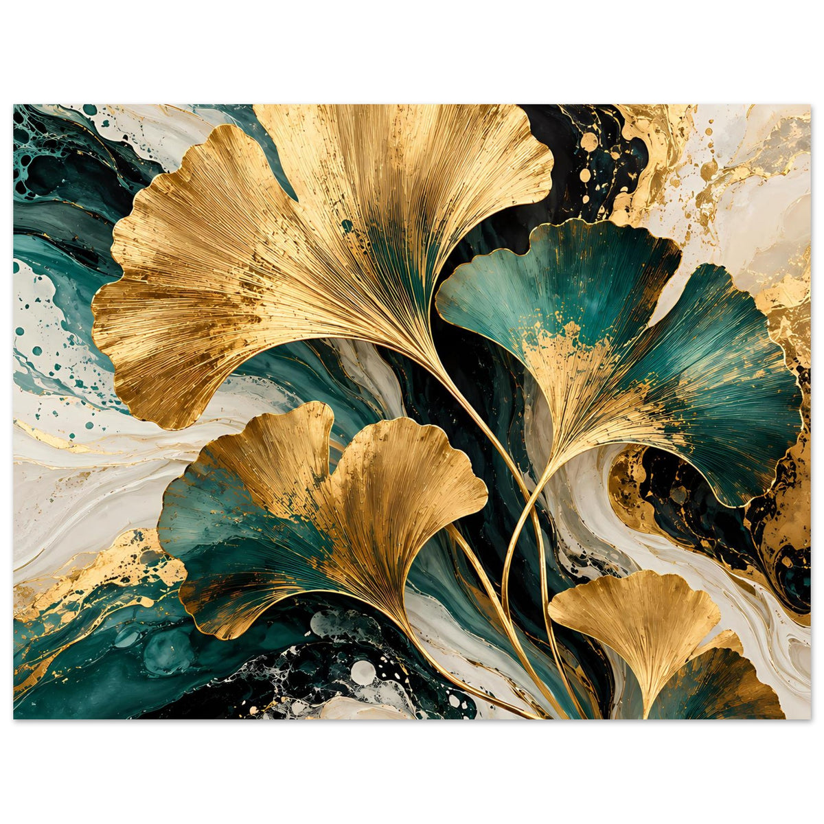 Breites Naturposter mit goldenen Ginkgo-Blättern, türkisgrünem Muster und goldfarbenen Sprenkeln