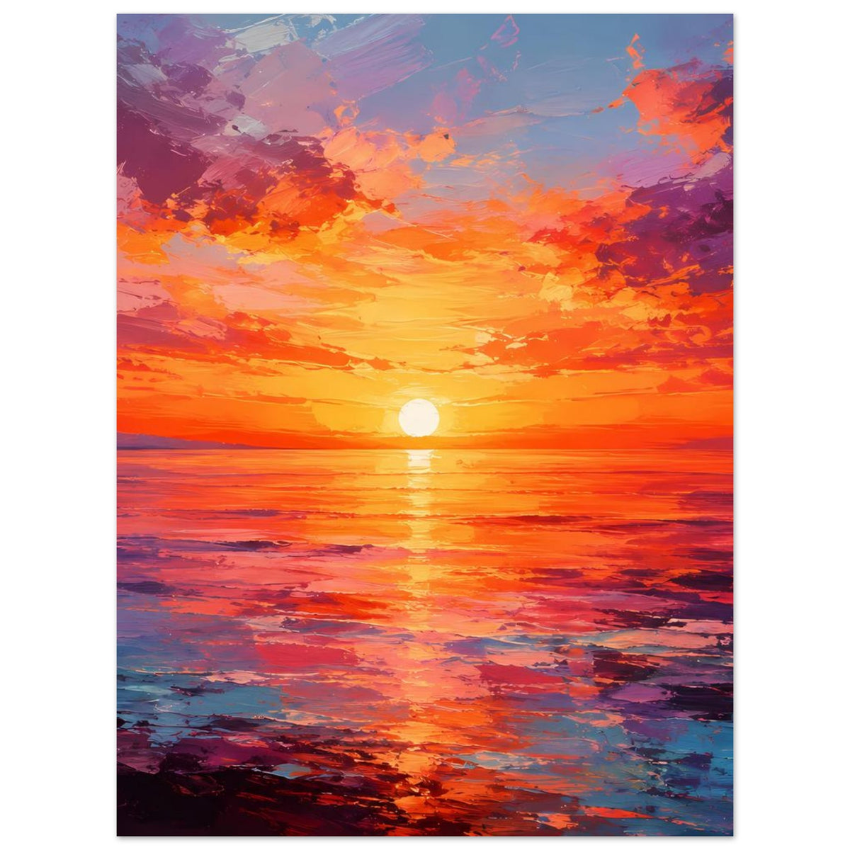 Poster: Sonnenuntergang über dem Meer, orange-violetter Himmel mit leuchtender Sonne