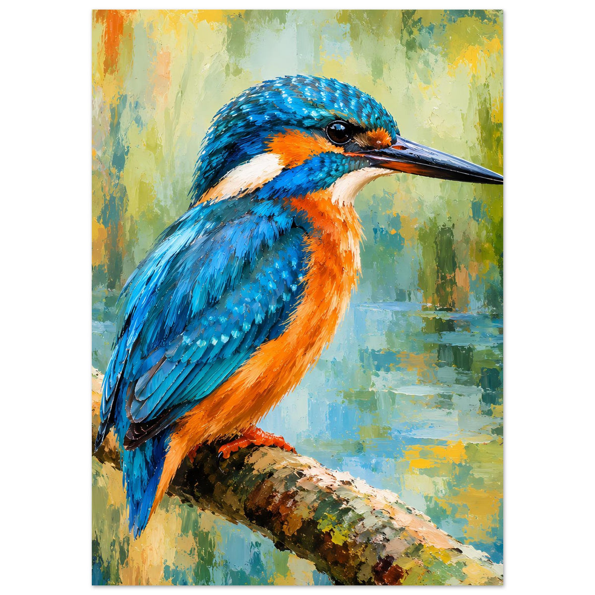 Poster mit Eisvogel im Detail, blaues Gefieder, orangefarbener Bauch, Ast