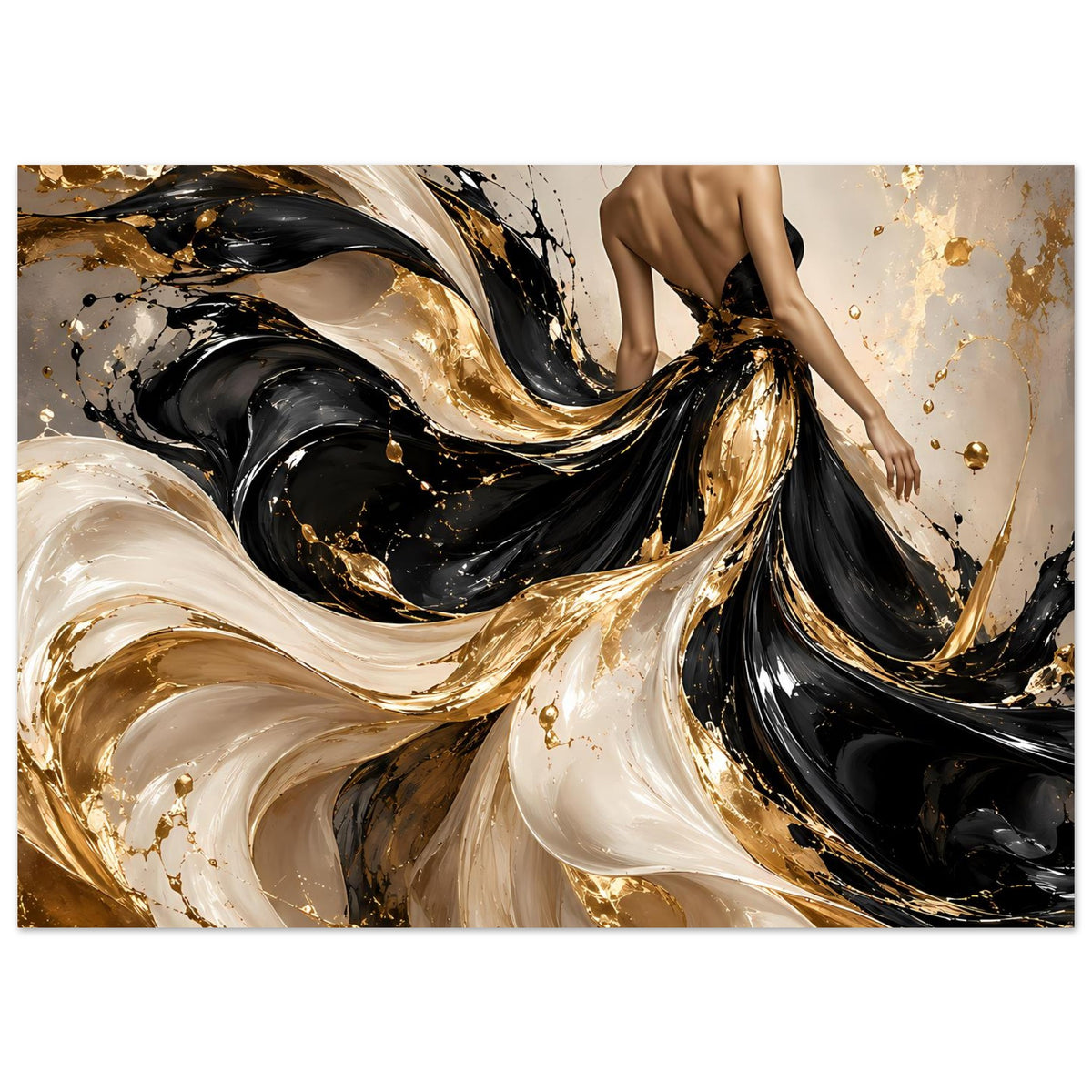 Kunstposter mit großem schwarzen Gold-Wirbel und Elfenbein-Akzenten sowie Sprühpartikeln