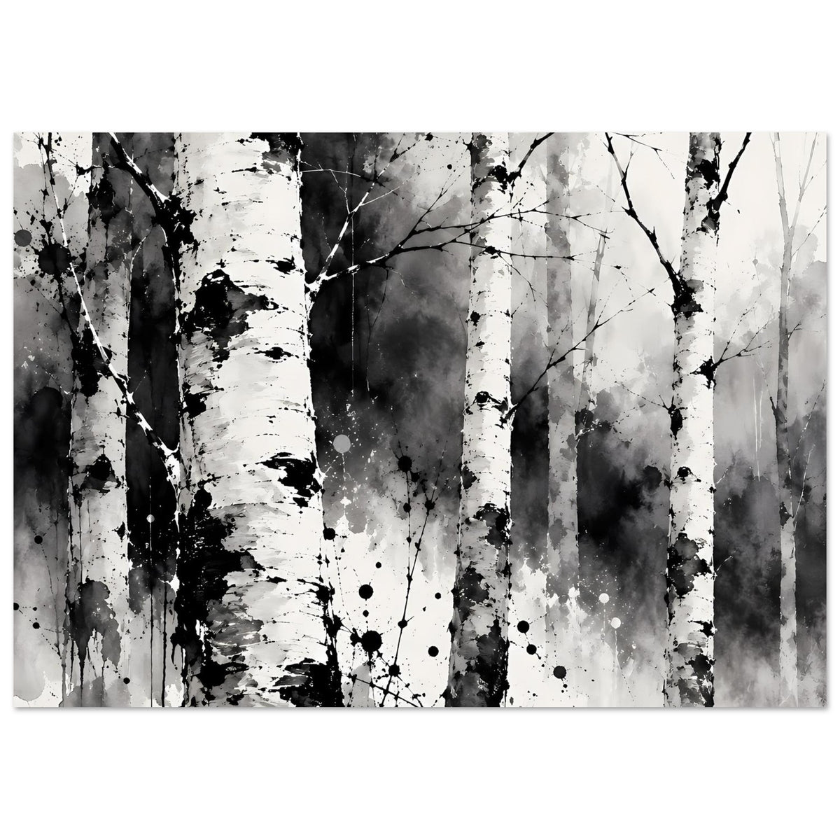 Monochromes Birkenwald-Kunstposter im Querformat, schwarz-weiß mit Spritztextur
