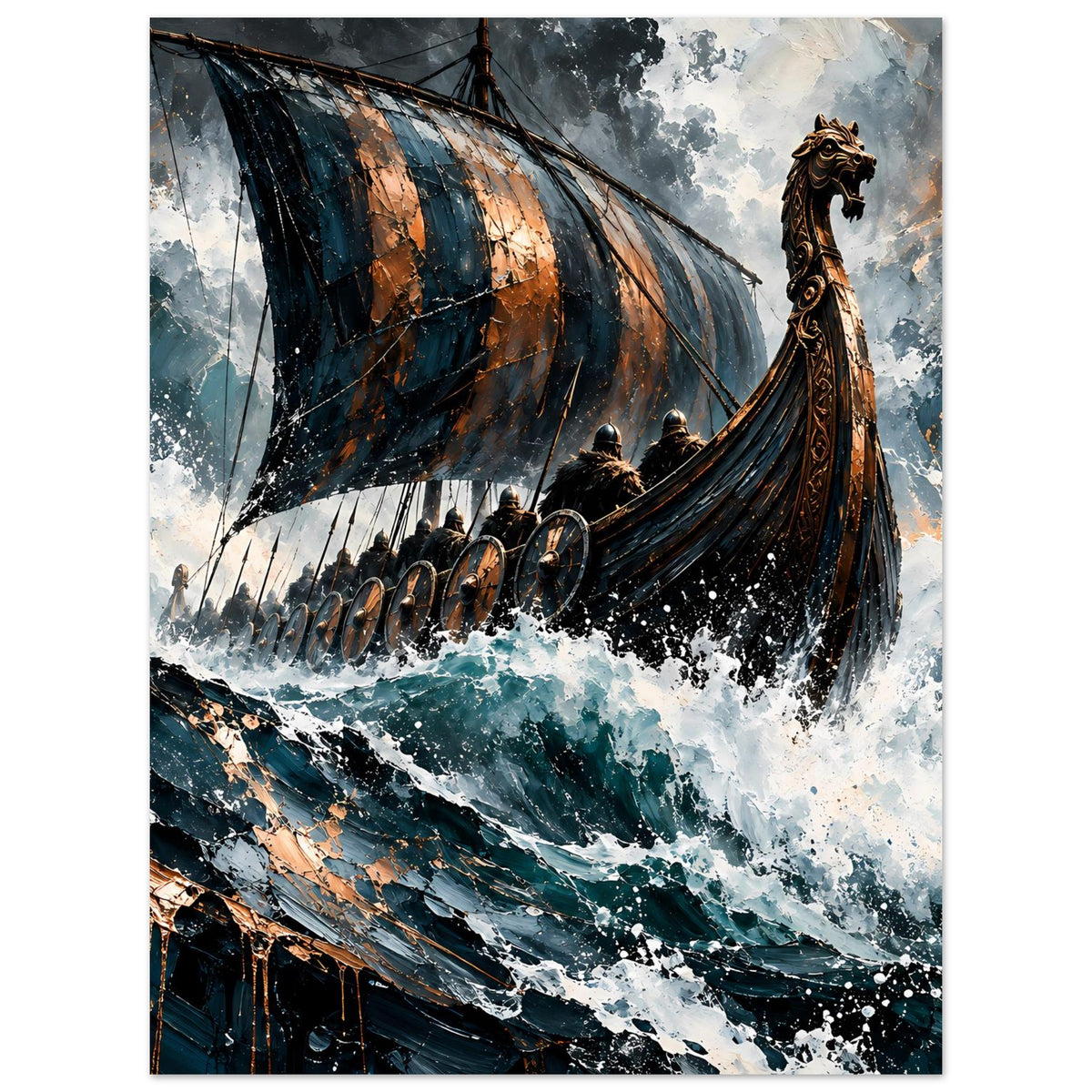 Hochformat-Poster: Wikinger-Langschiff auf Wellen, braun-goldener Bugkopf, Sprühende Gischt