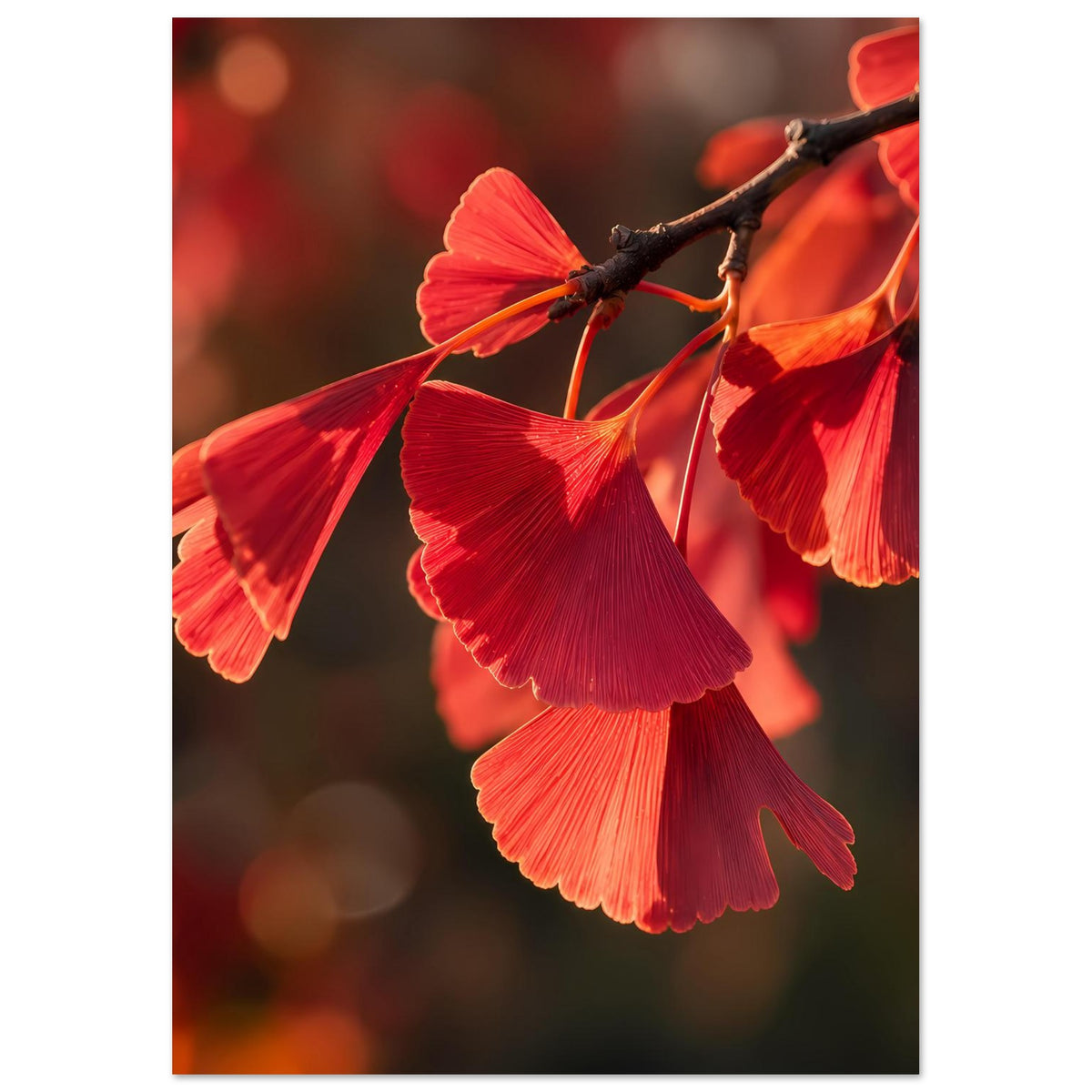 Quadratisches Poster mit roten Ginkgo-Blättern am Zweig, zentriert