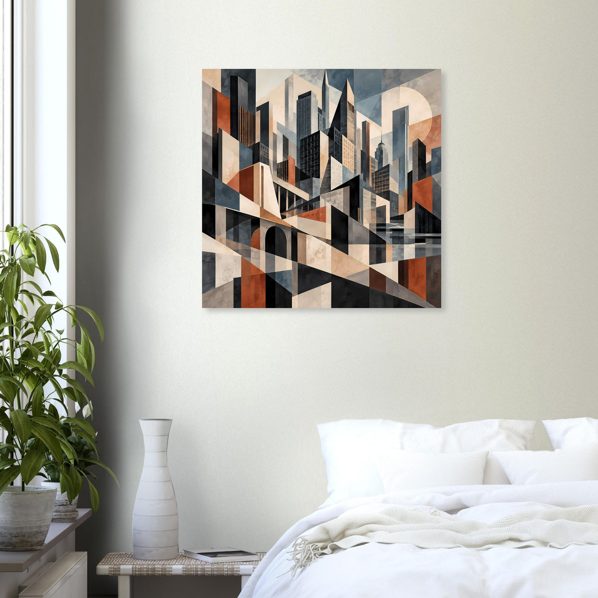 Architekturposter mit geometrischer Stadtsilhouette und breitem Diagonalband