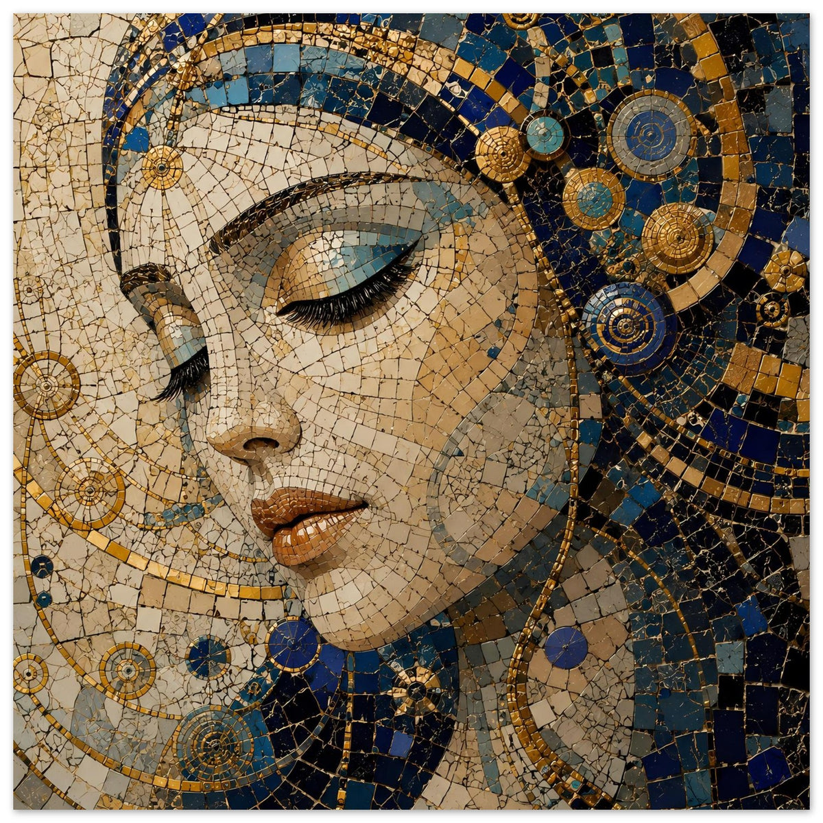 Poster im Mosaikstil: Frauenporträt mit Augen und Kranz-Elementen in Blau und Gold