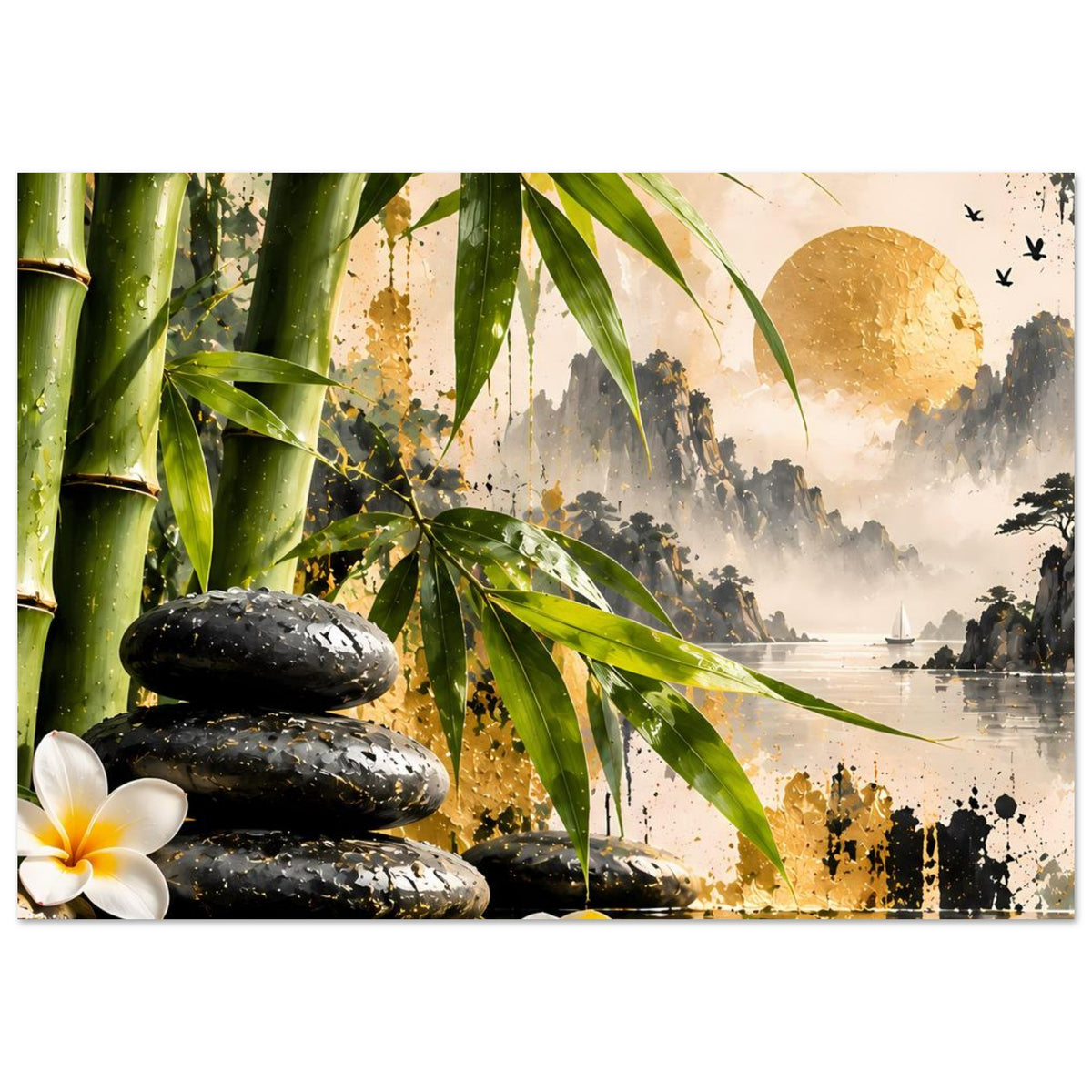 Zen-Bambus-Harmonie-Poster: Bambus links, schwarze Steine im Vordergrund, goldene Sonne, See