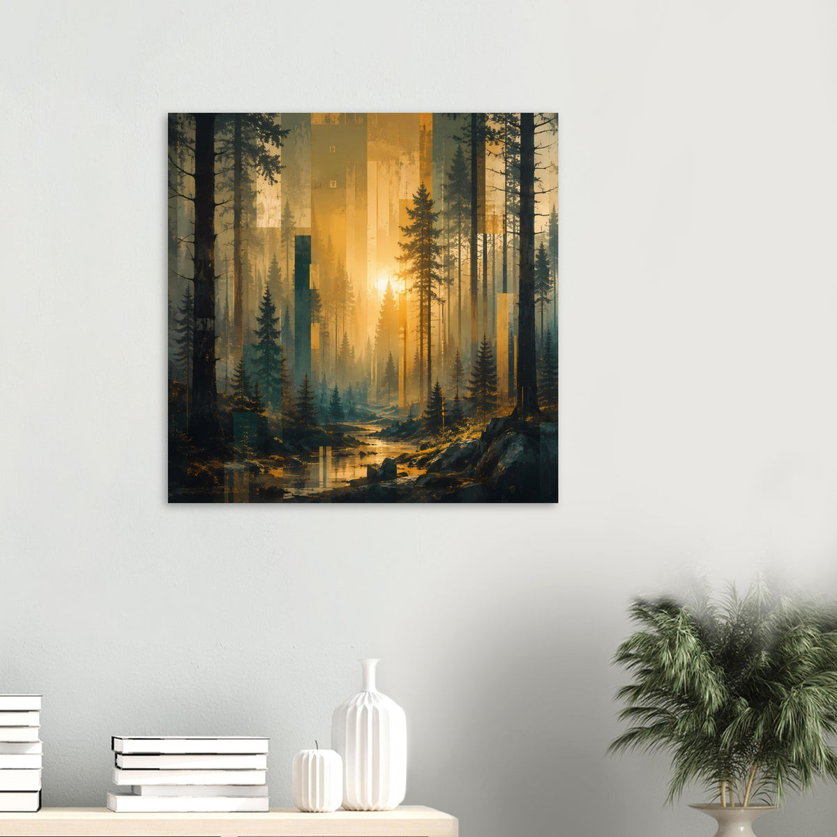 Wald-Landschaftsposter mit Sonnenaufgang zwischen hohen Bäumen, quadratisch
