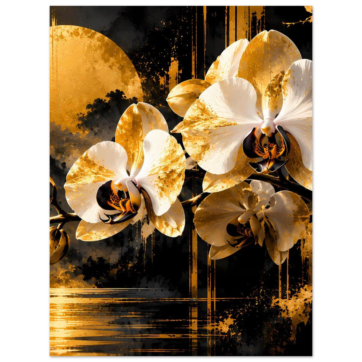 Blumenposter mit goldweißen Orchideenblüten, goldenen Akzenten und dunklen Farbschichten