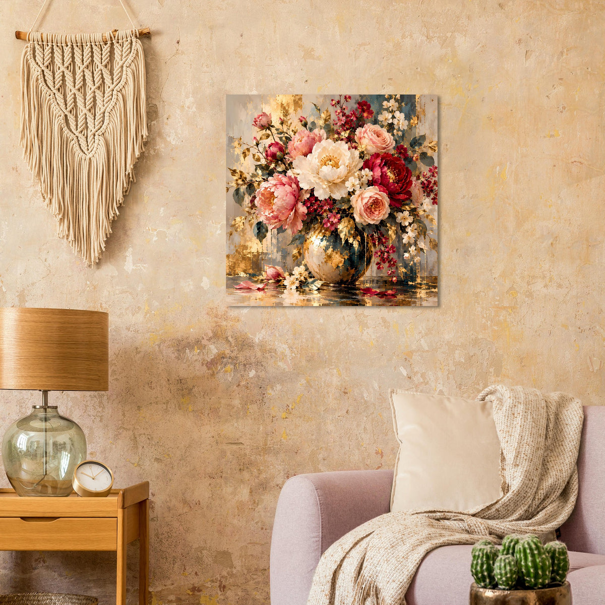 Blumenposter mit bunter Blütenmischung in Keramikvase, warmes Beige und Rottöne.