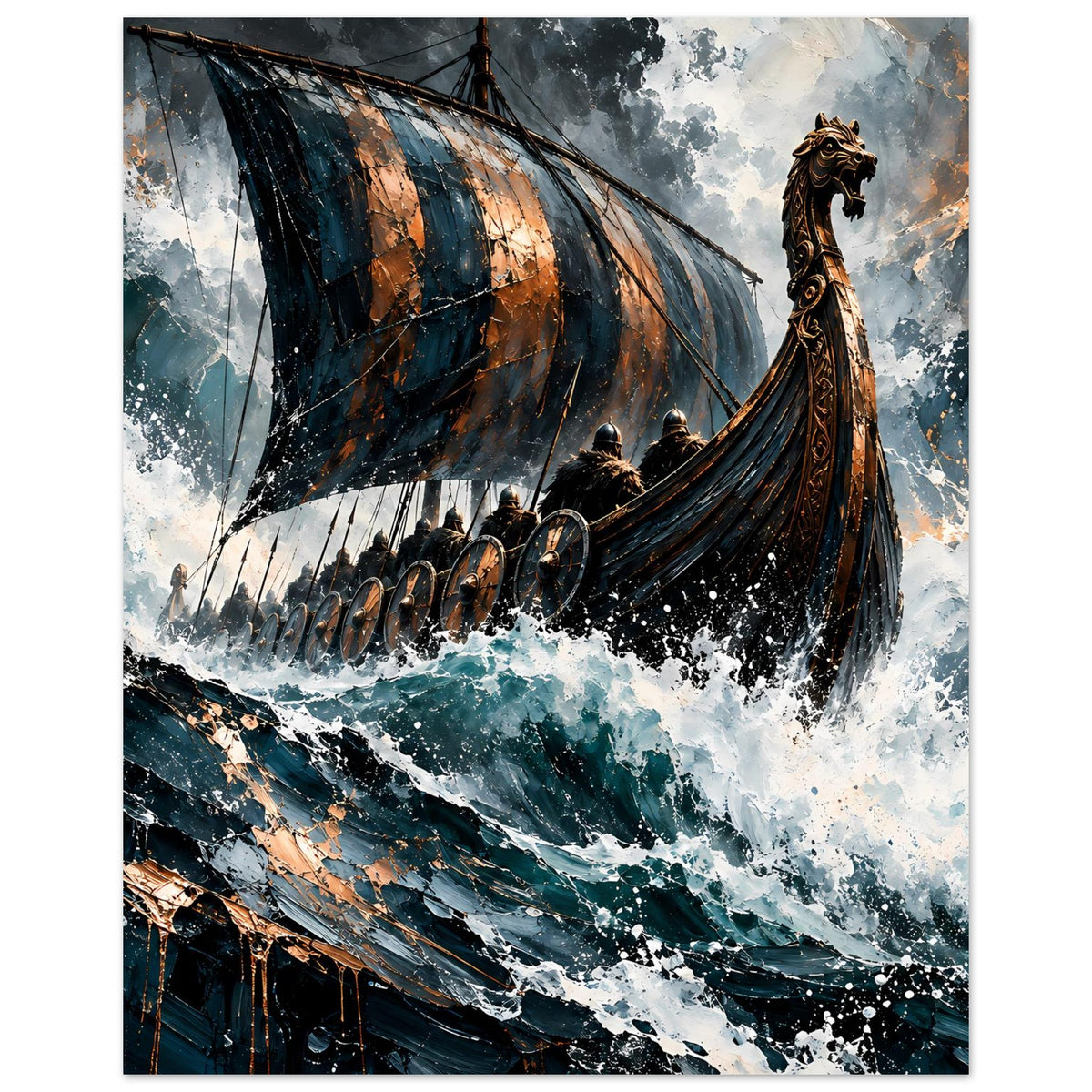 Poster-Print eines Wikinger-Langschiffs mit Segeln, Rudern und aufgewühlter See