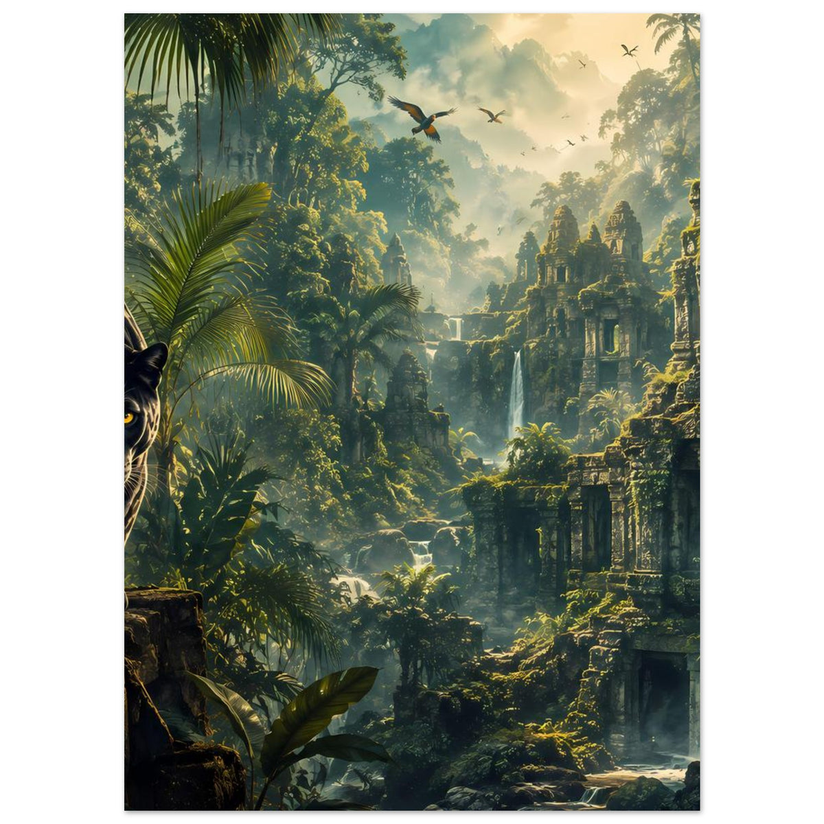 Vertikales Poster: Pantherkopf, tropischer Dschungel und Ruinen bei Sonnenlicht
