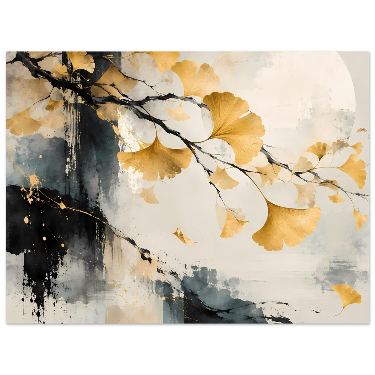 Kunst-Poster im Querformat mit goldenen Ginkgo-Blättern, schwarzen Ästen und Aquarellfarben in Blau/Grau