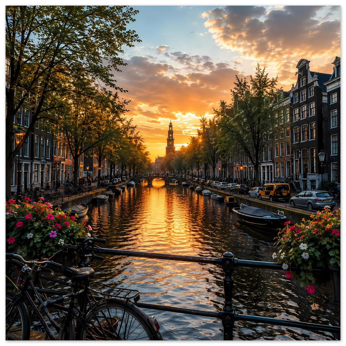 Poster mit Sonnenuntergang über Amsterdamer Kanal, Fahrräder, Boote und Blumen am Ufer