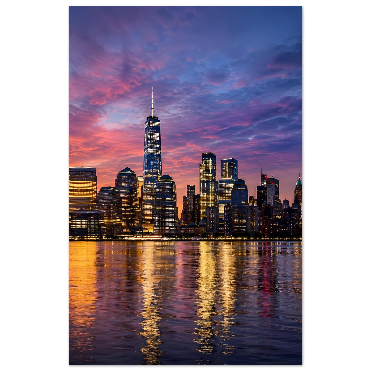 Stadtposter im Hochformat: zentrierter Wolkenkratzer und Skyline bei Dämmerung