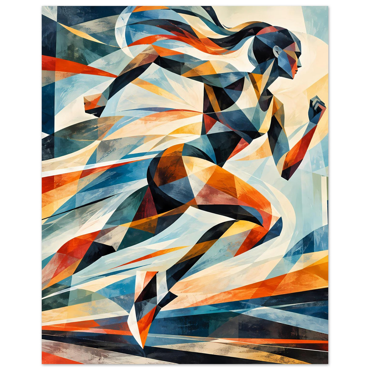 Poster mit abstrakter Läuferin in Blau, Orange und Creme, Hochformat mit Rand